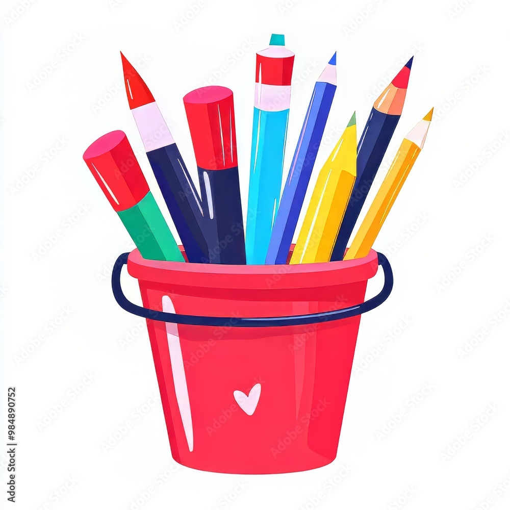 Colorful stationery items in a red bucket, perfect for creative projects. Colorful stationery items in a red bucket, perfect for creative projects.