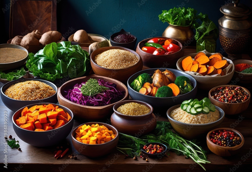 colorful meal prep display featuring variety healthy ingredients well presented dishes nutritious eating, vibrant, vegetables, fresh, fruits, whole, grains colorful meal prep display featuring variety healthy ingredients well presented dishes nutritious eating, vibrant, vegetables, fresh, fruits, whole, grains
