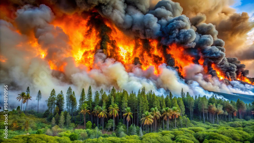 A dramatic forest fire engulfs landscape, with towering flames and thick smoke rising against backdrop of lush greenery. scene captures intensity and destruction of natures fury