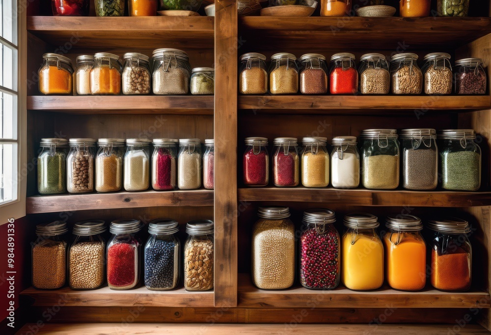 colorful pantry shelves overflowing variety vibrant food supplies neat arrangement, bottles, jars, containers, spices, herbs, ingredients, cans, boxes colorful pantry shelves overflowing variety vibrant food supplies neat arrangement, bottles, jars, containers, spices, herbs, ingredients, cans, boxes