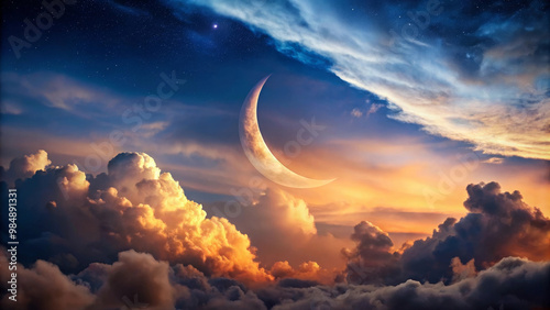 A stunning crescent moon glows amidst vibrant clouds during twilight, creating serene and magical atmosphere in sky