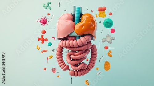 An educational illustration of the human digestive system, including the stomach, intestines, and liver, with labels and a clean background.