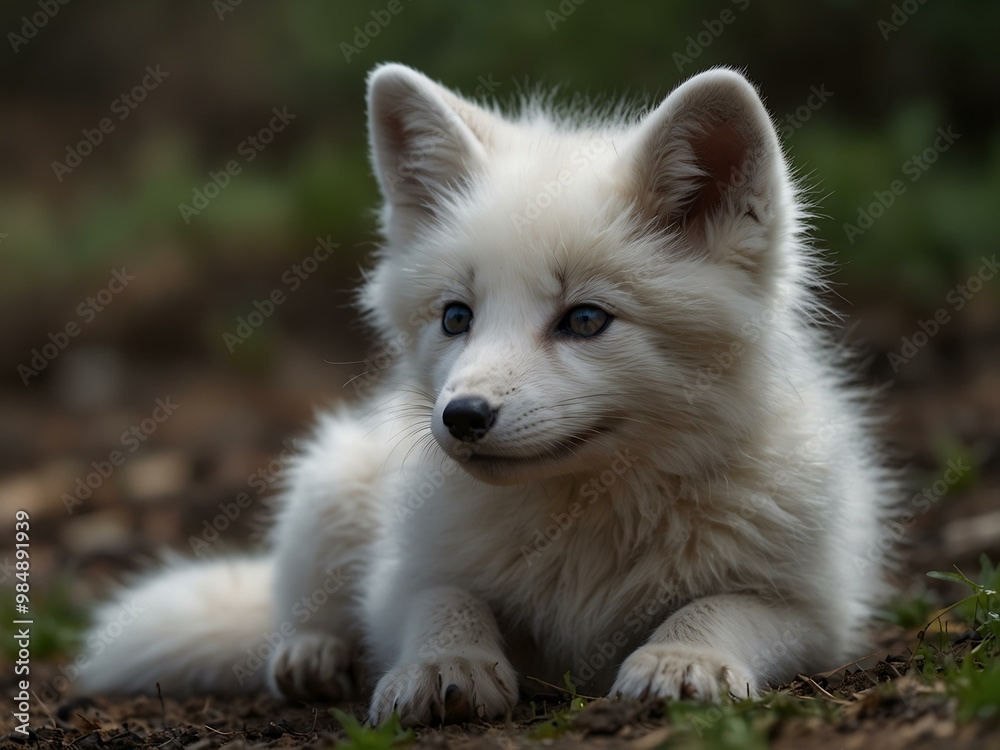 White fox cub with long ears relaxing. White fox cub with long ears relaxing.