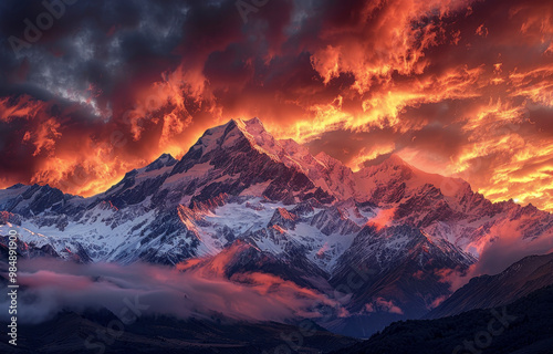 Dramatic snow-capped mountains under fiery sunset skies