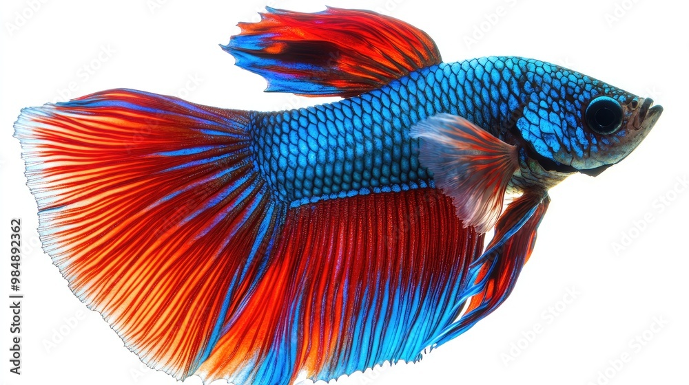 An elegant betta fish with bright blue and red hues, showcasing its fins and vibrant colors as it rests against a clean, white backdrop An elegant betta fish with bright blue and red hues, showcasing its fins and vibrant colors as it rests against a clean, white backdrop