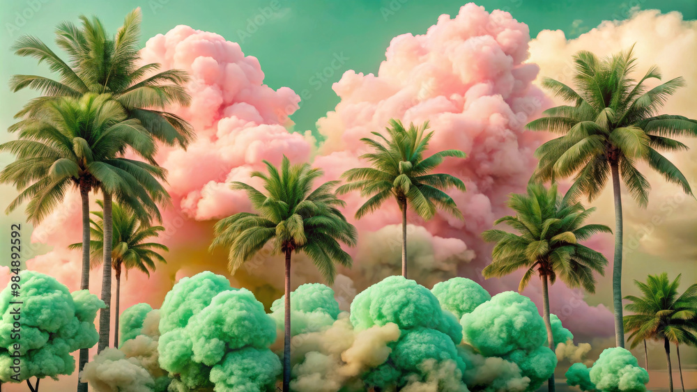 Fototapeta premium A vibrant scene featuring pink cotton candy clouds and lush green palm trees, creating dreamy and whimsical atmosphere. colors evoke sense of joy and tranquility