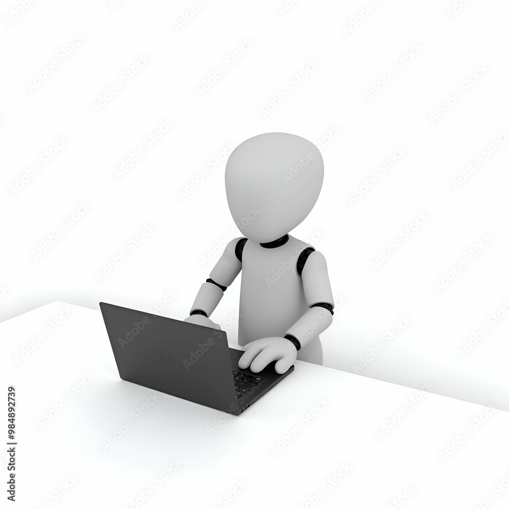 funny white robot using laptop isolated on white background funny white robot using laptop isolated on white background