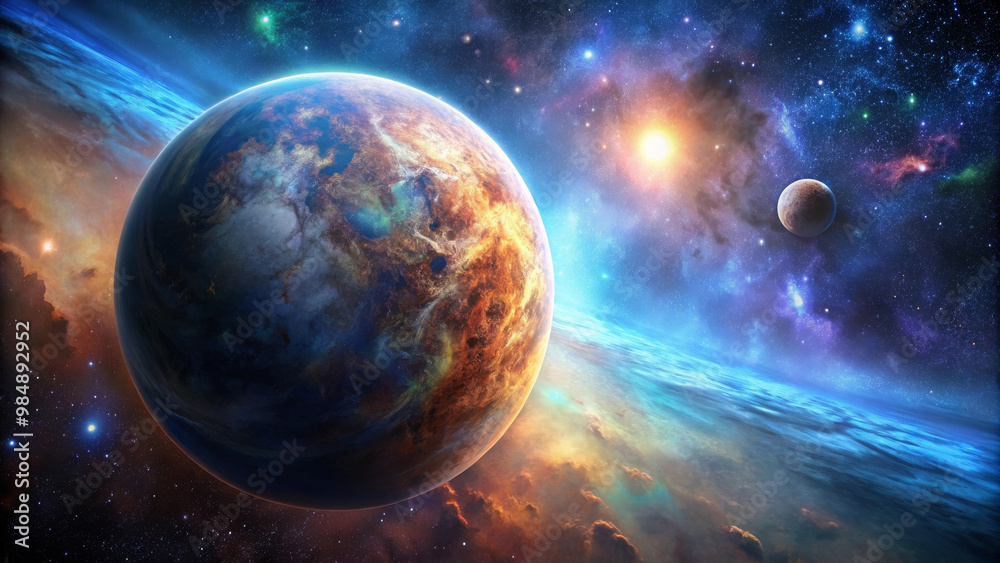 Obraz premium A vibrant planet in space surrounded by colorful nebulae and distant celestial bodies creates stunning cosmic scene. beauty of universe is truly captivating