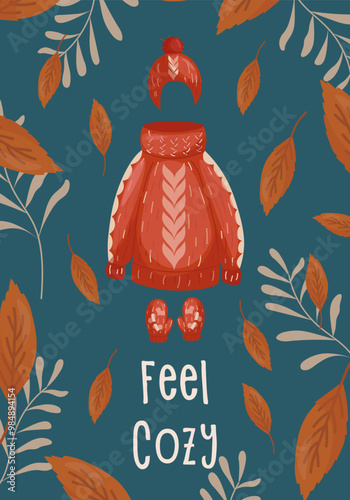 Cozy Autumn items. Herbal tea, pumpkin pie, jazz record, book, knitted socks, candle. Idea of coziness and comfortable lifestyle, winter and autumn mood. Hygge hand drawn vector illustration.