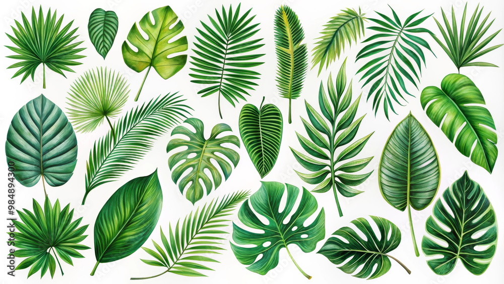 Tropical leaves in various shapes and sizes create vibrant and lush atmosphere, showcasing beauty of natures greenery. This collection features detailed illustrations of palm, fern, and monstera leave