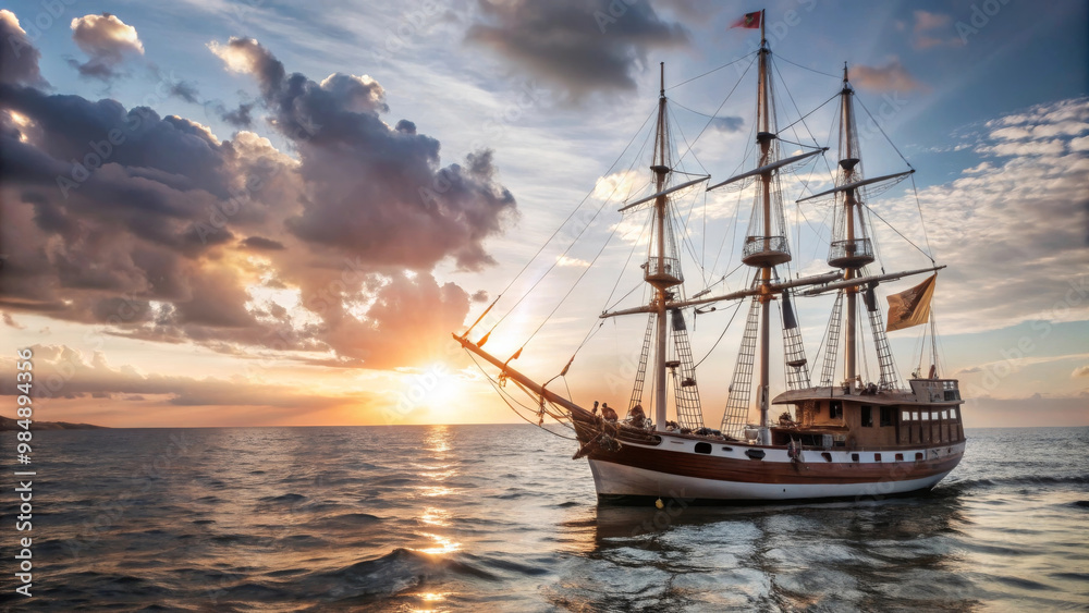 A majestic ship sails across tranquil sea during stunning sunset, with vibrant clouds reflecting warm hues of sky. scene evokes sense of adventure and serenity A majestic ship sails across tranquil sea during stunning sunset, with vibrant clouds reflecting warm hues of sky. scene evokes sense of adventure and serenity