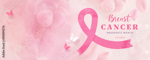 Banner dedicated to Breast cancer awareness month in October. Modern design with watercolor pink ribbon and paper butterflies. Medical symbol of the fight against cancer. Vector illustration.