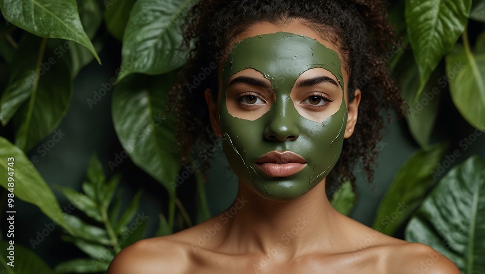 Woman with green facial mask surrounded by plants.