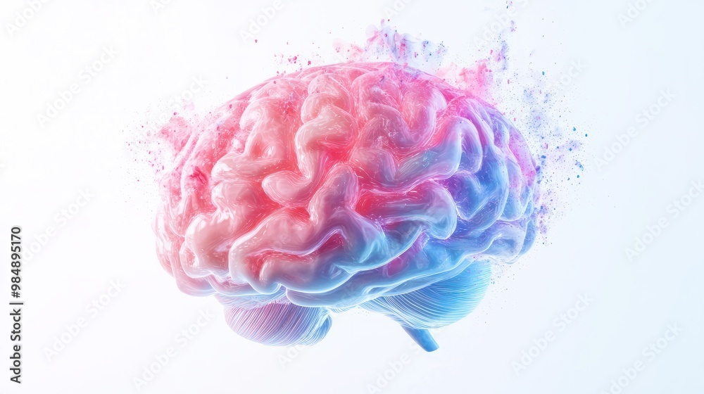 Digital brain illustration with pink and blue gradients on a white background Digital brain illustration with pink and blue gradients on a white background