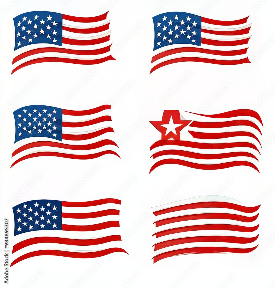 Collection of artistic American flags with variations and a star motif.