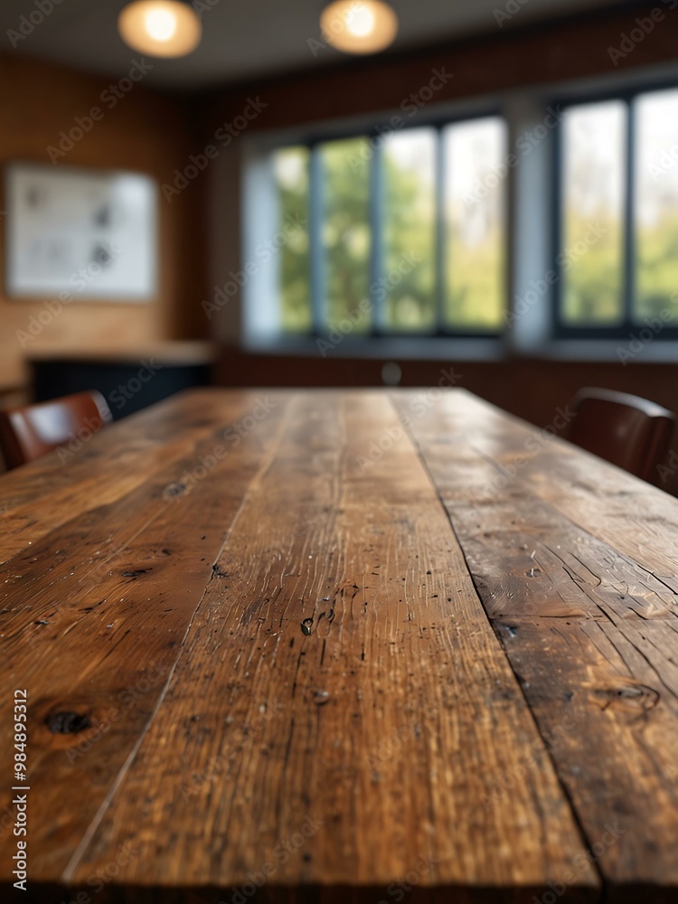 Wooden tabletop with a blurred classroom background Wooden tabletop with a blurred classroom background