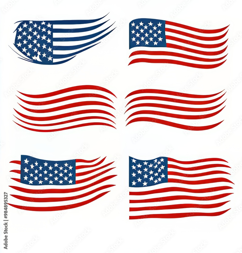 Creative representations of the American flag in various flowing styles. Creative representations of the American flag in various flowing styles.