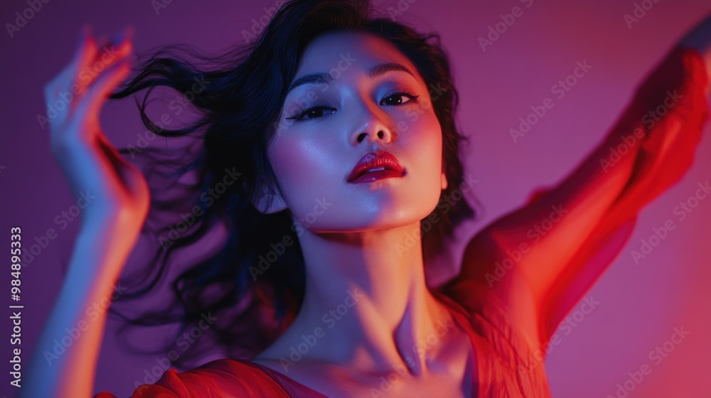 Woman with Red Lipstick and Flowing Hair in Neon Light Woman with Red Lipstick and Flowing Hair in Neon Light