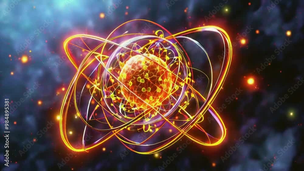 Stylized depiction of an atom with a central nucleus and orbiting particles, featuring glowing lines and dynamic energy visuals. Stylized depiction of an atom with a central nucleus and orbiting particles, featuring glowing lines and dynamic energy visuals.