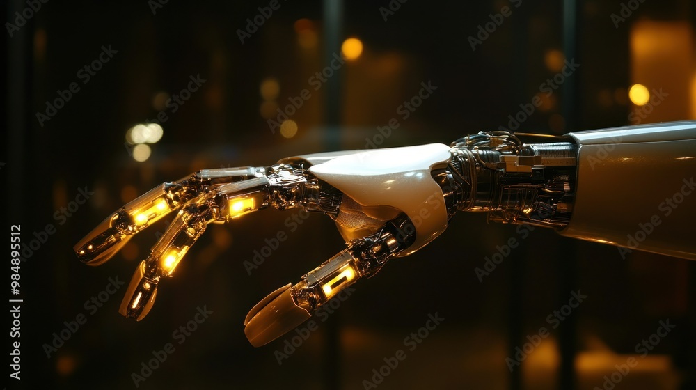 Obraz premium A Close-Up of a Glowing Metallic Robot Hand