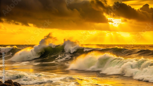 Golden waves crash against shore under dramatic sky, creating stunning ocean scene filled with energy and beauty. sunlight breaks through clouds, illuminating water