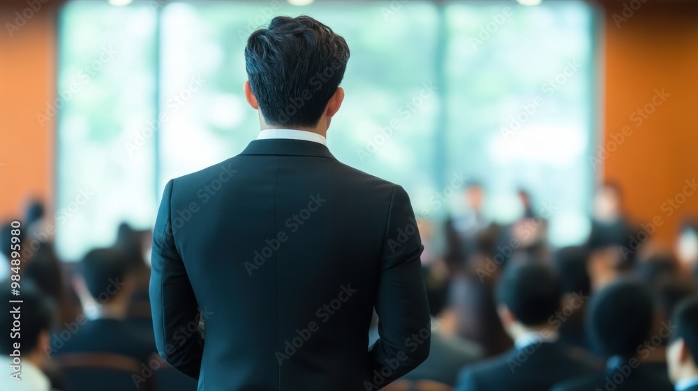 Man in Suit Standing with Back to Camera in Front of Audience