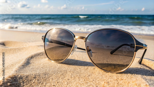 Sunglasses resting on sandy beach with ocean waves in background, capturing serene and relaxing atmosphere. Perfect for summer vibes and beach outings