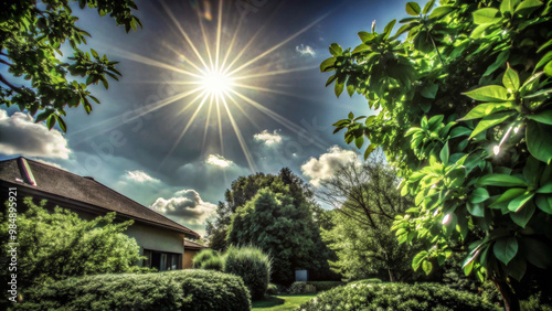 A bright sun shines over lush garden, surrounded by vibrant greenery and soft clouds in clear blue sky, creating serene and uplifting atmosphere