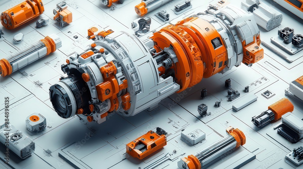 High-tech mechanical component disassembled on a clean workspace, showcasing complex parts and precision engineering in modern machinery. High-tech mechanical component disassembled on a clean workspace, showcasing complex parts and precision engineering in modern machinery.