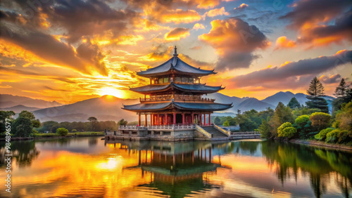 A stunning sunset illuminates tranquil temple by water, surrounded by lush greenery and mountains. vibrant colors reflect beautifully on lake, creating serene atmosphere