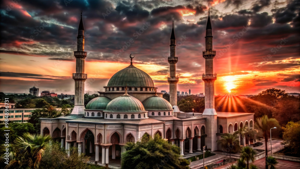 Fototapeta premium A stunning sunset illuminates mosque, casting vibrant colors across sky and highlighting its architectural beauty. scene evokes sense of peace and tranquility