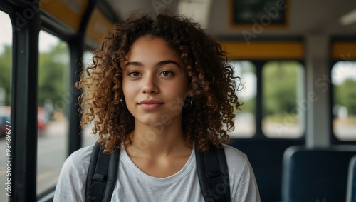 Young woman with curly hair and backpack enjoying a bus ride.