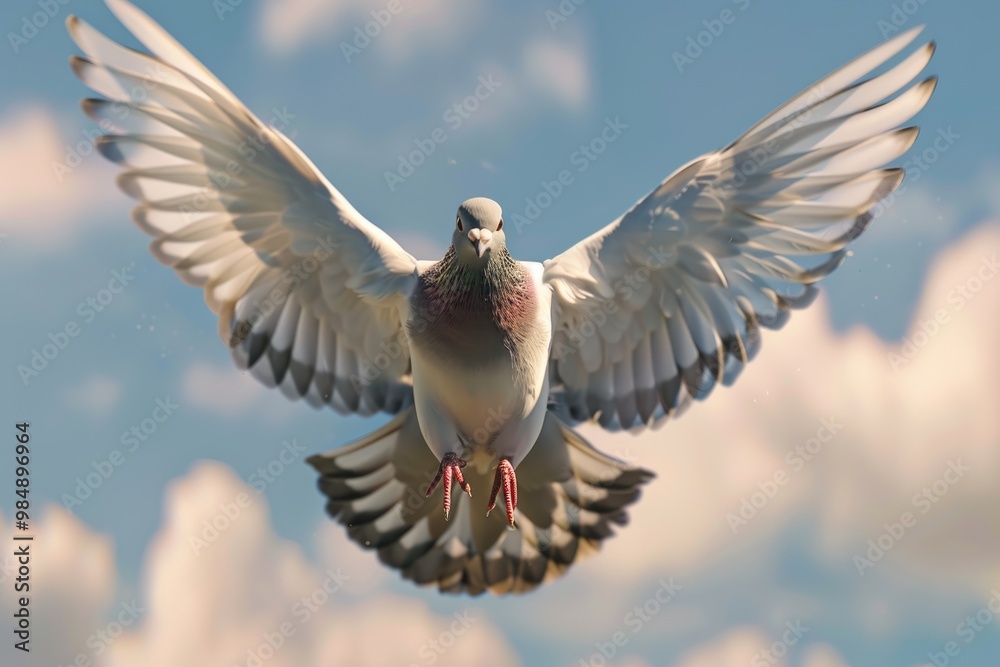 Dove soaring with wings open against sky background. Dove soaring with wings open against sky background.