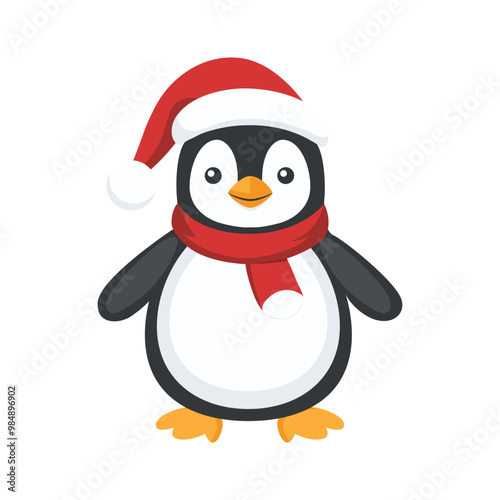 a penguin wearing a Santa hat and scarf illustration