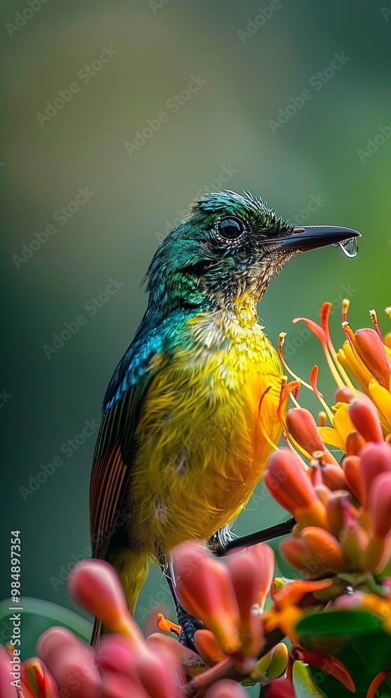 Fototapeta premium Colorful Bird Perched on Flowers with Water Droplet