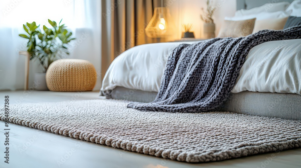 Cozy bedroom with soft rug and knitted blanket, offering a calm and inviting space bathed in soft light. Cozy bedroom with soft rug and knitted blanket, offering a calm and inviting space bathed in soft light.