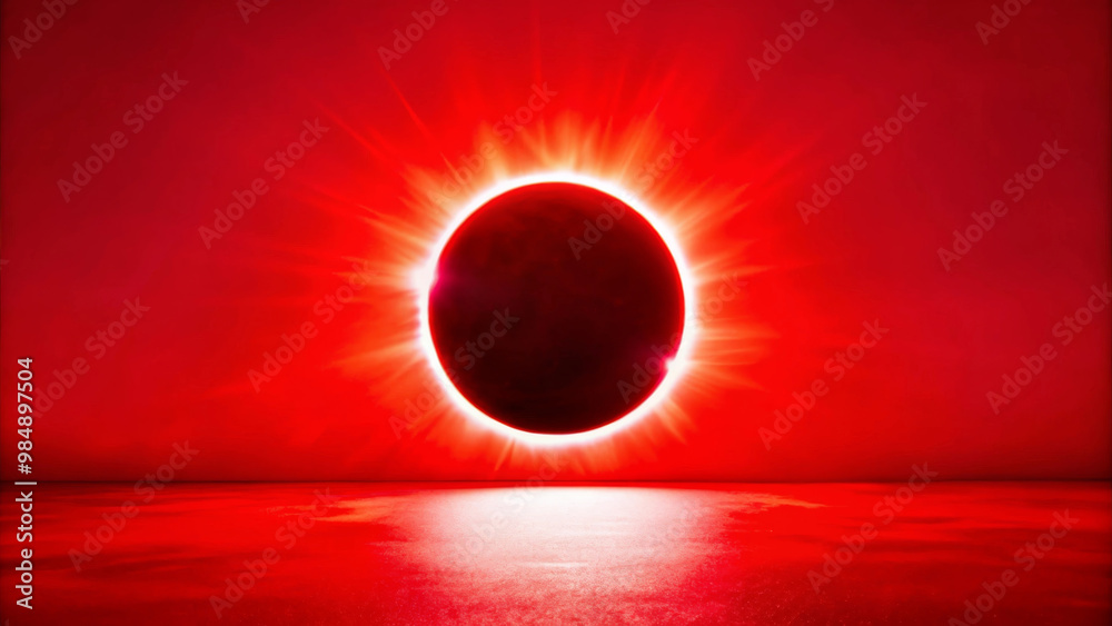 Naklejka premium A stunning total solar eclipse casts vibrant red glow over horizon, creating breathtaking celestial spectacle. suns corona radiates brilliantly against darkened sky, evoking awe and wonder