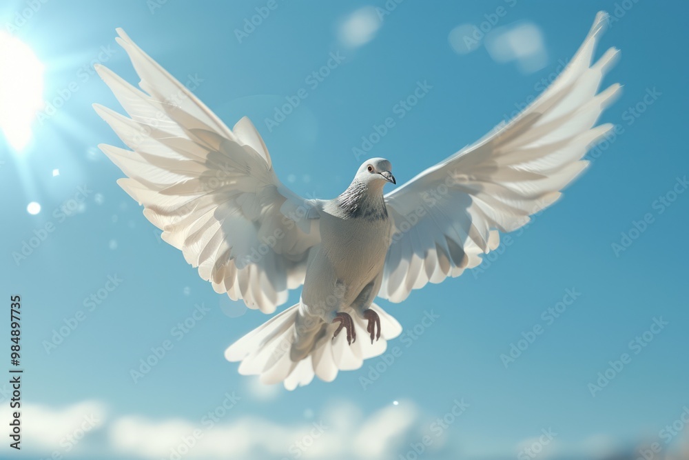 Fototapeta premium Dove Soaring with Wings Open in Blue Sky