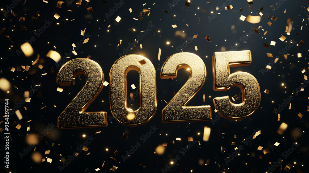 Numbers of year 2025 in black glitter background with falling confetti. Festive New Year Eve background greeting card Numbers of year 2025 in black glitter background with falling confetti. Festive New Year Eve background greeting card