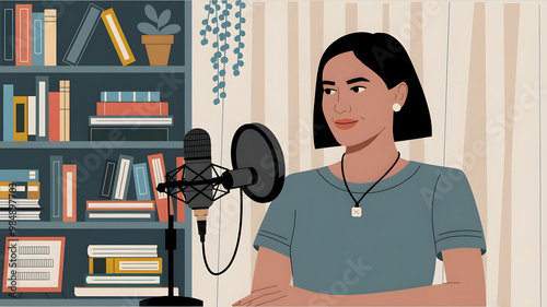 A beautiful young woman with headphones on, smiling and sitting in front of the mic for podcasting at home