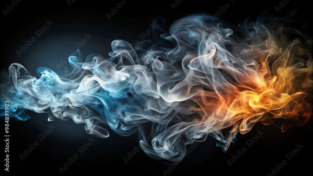Fototapeta premium Ethereal smoke swirls in shades of blue, white, and orange, creating mesmerizing visual effect against dark background. dynamic movement evokes sense of fluidity and mystery