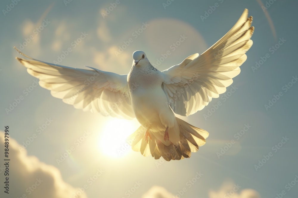 Dove flying with wings open in front of the sun. Dove flying with wings open in front of the sun.