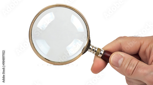 Hand holding magnifying glass, insolated on withe background