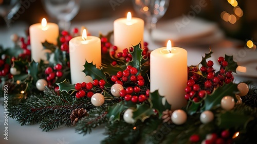  Elegant holiday table centerpiece with candles, holly, and berries, glowing softly in festive Christmas setting.