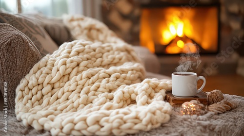  Cozy winter scene with chunky knit blanket, steaming coffee, fireplace glow, inviting comfort for relaxation and warmth. photo