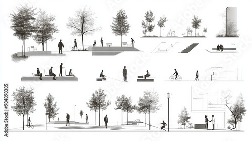 A set of vector architectural drawings depicting people in an outdoor park, rendered in a minimal hand-drawn style for use in sections, elevations, and floor plans