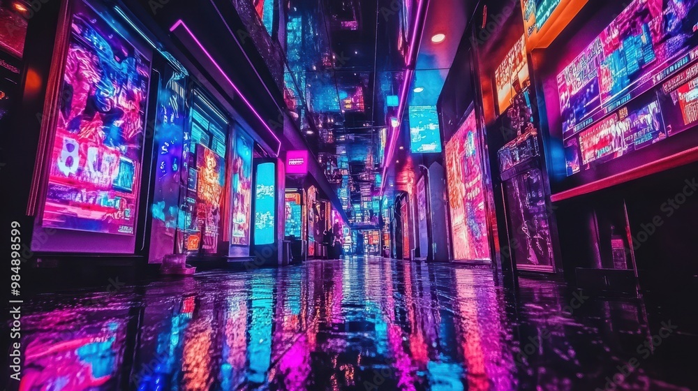 Fototapeta premium Colorful neon-lit city street at night, reflecting vibrant lights on wet pavement. Concept: Urban nightlife and energy.