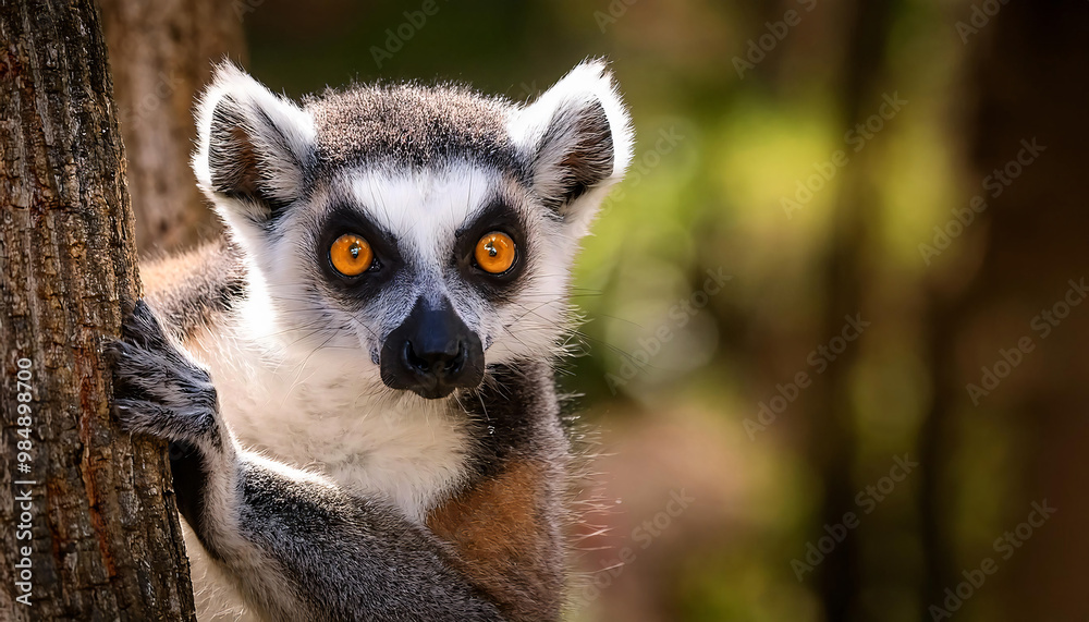 Fototapeta premium Curious Lemur Catta peeking from behind a tree