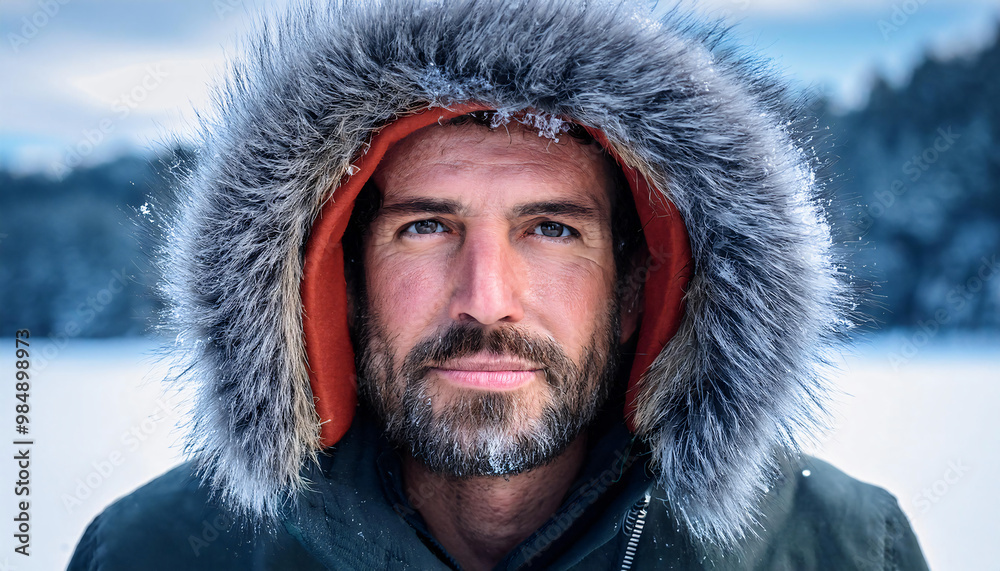 Face close-up of a person wearing a fur-lined winter hood Face close-up of a person wearing a fur-lined winter hood