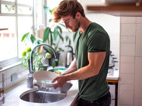 man washing dishes